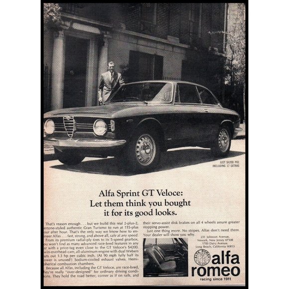 1968 Alfa Romeo Sprint GT Veloce Gran Turismo Vintage Print Ad Downtown Wall Art - Picture 1 of 1